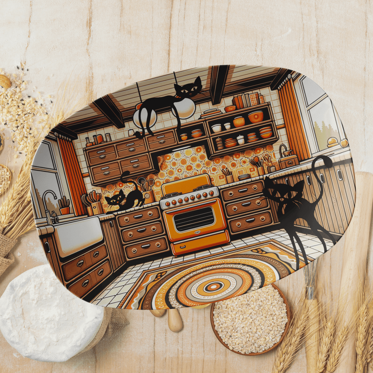 1970's Kitchen Decor, Orange, Brown, Mid Century Modern Party Platter, With Crazy Kitschy Cats Kitchenware default