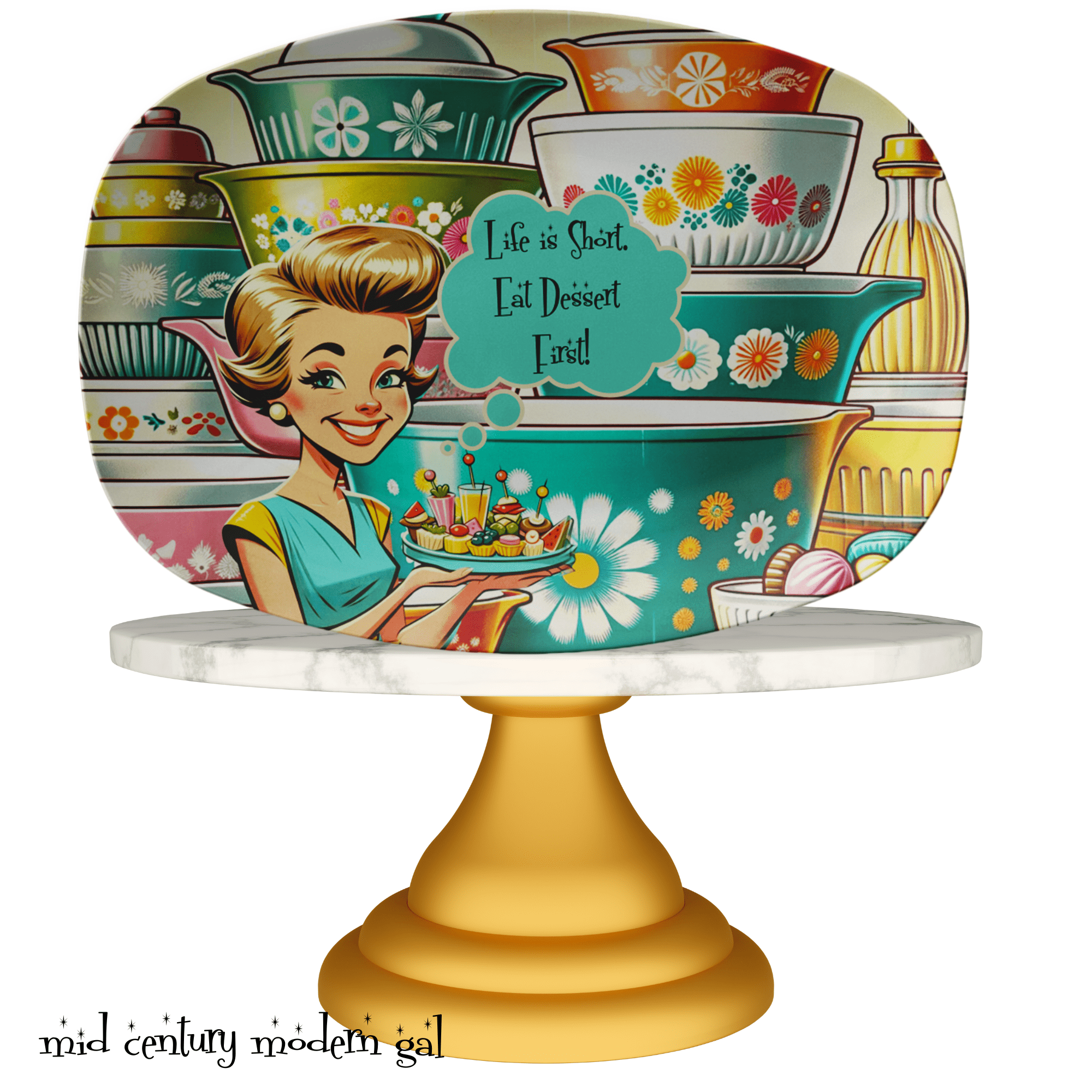 50s Kitschy Party Platter, Life Is Short, Eat Dessert First, Mid Century Modern Platter Kitchenware default