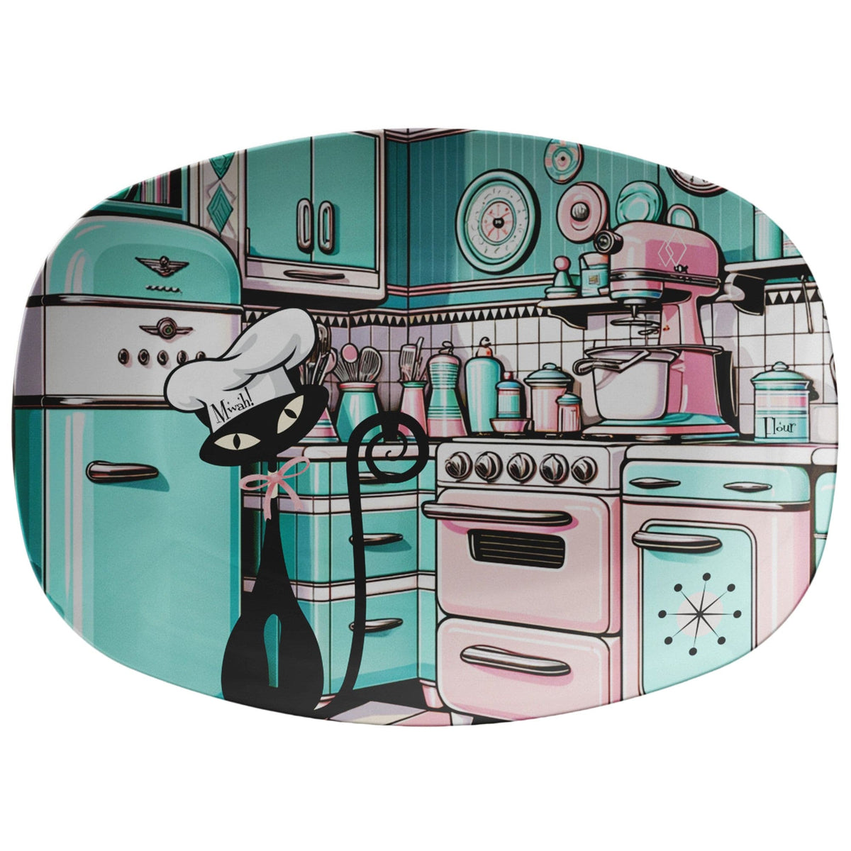 Atomic Kitty Cat, Mid Century Modern 50's Aqua, Pink MCM Kitchen Party Platter Kitchenware default