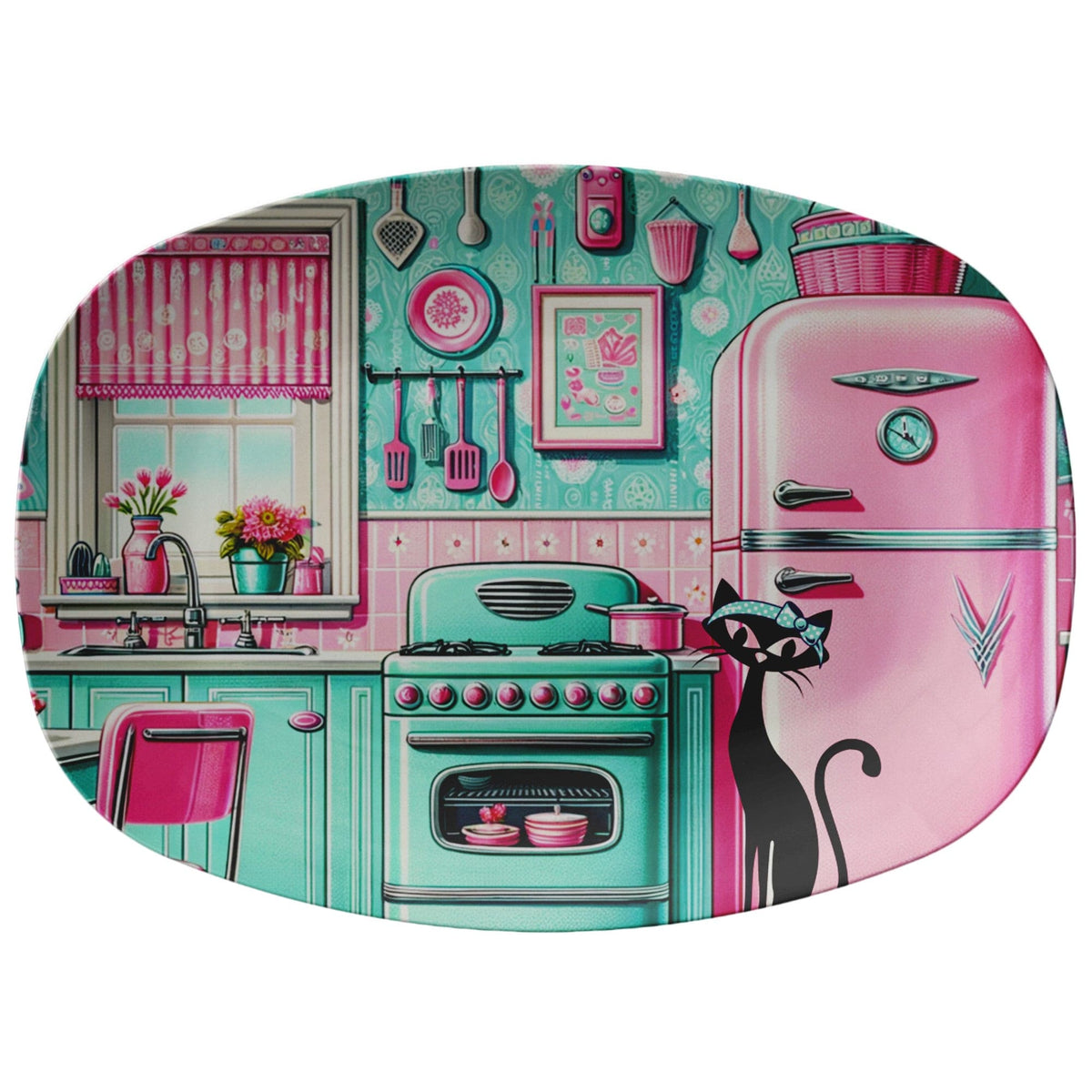 Kitschy 50's Atomic Pink And Aqua Kitchen, Atomic Cat Retro MCM Party Platter Kitchenware default
