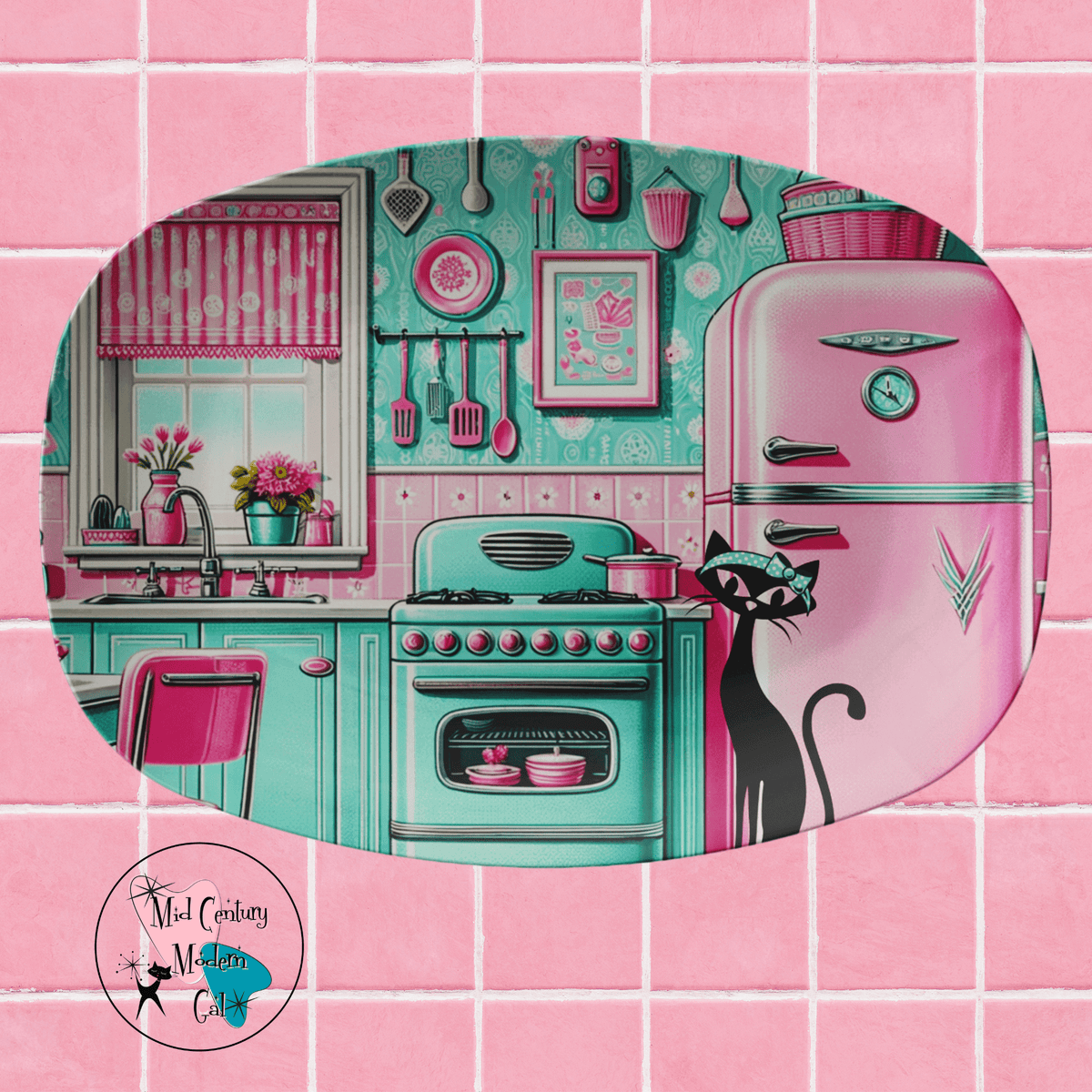 Kitschy 50's Atomic Pink And Aqua Kitchen, Atomic Cat Retro MCM Party Platter Kitchenware default