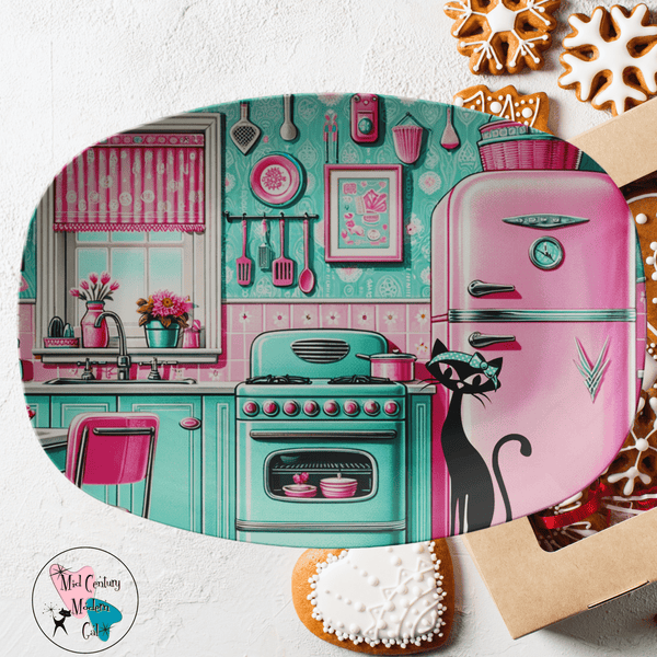 Kitschy 50's Atomic Pink And Aqua Kitchen, Atomic Cat Retro MCM Party Platter