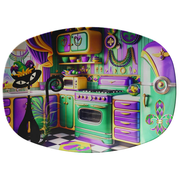 Mardi Gras Party Platter, Kitschy Atomic Kittie, Purple, Yellow, Green, Festive Platter