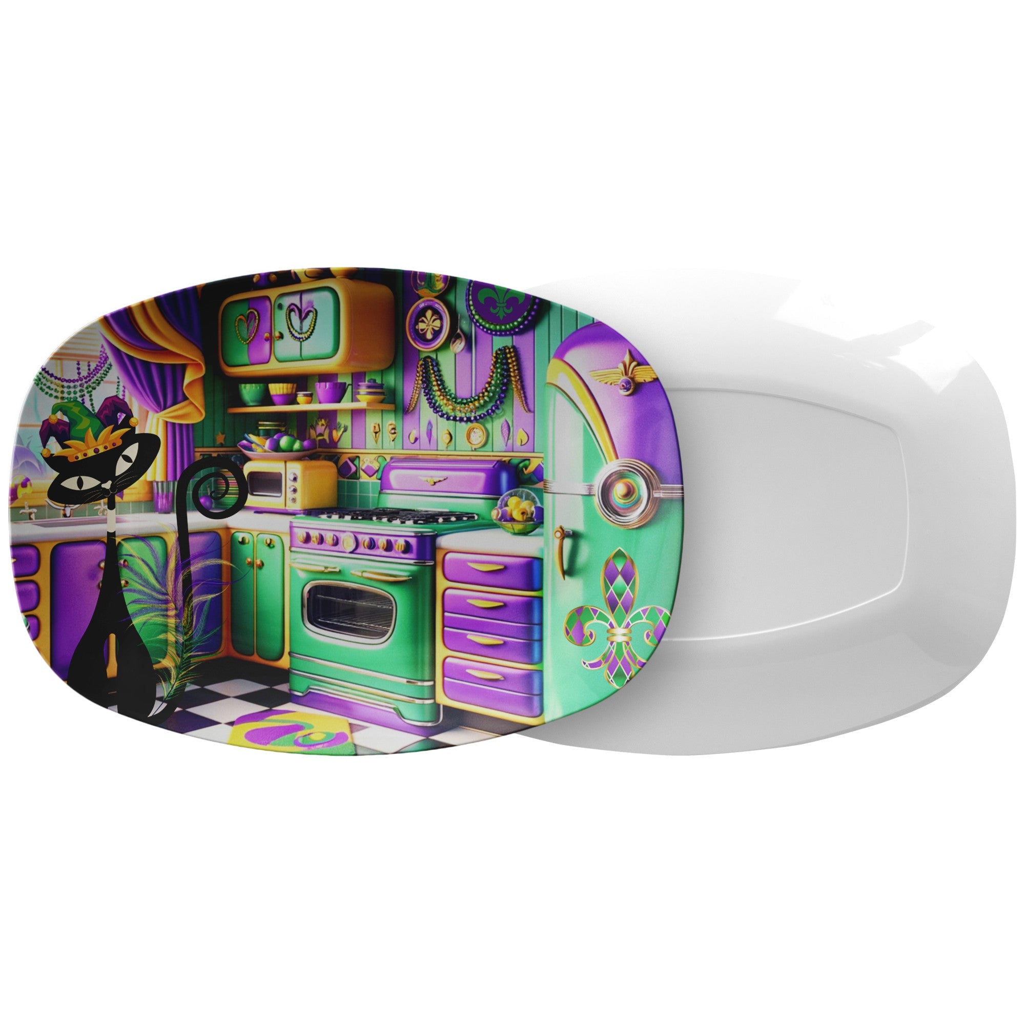 Mardi Gras Party Platter, Kitschy Atomic Kittie, Purple, Yellow, Green, Festive Platter Kitchenware default