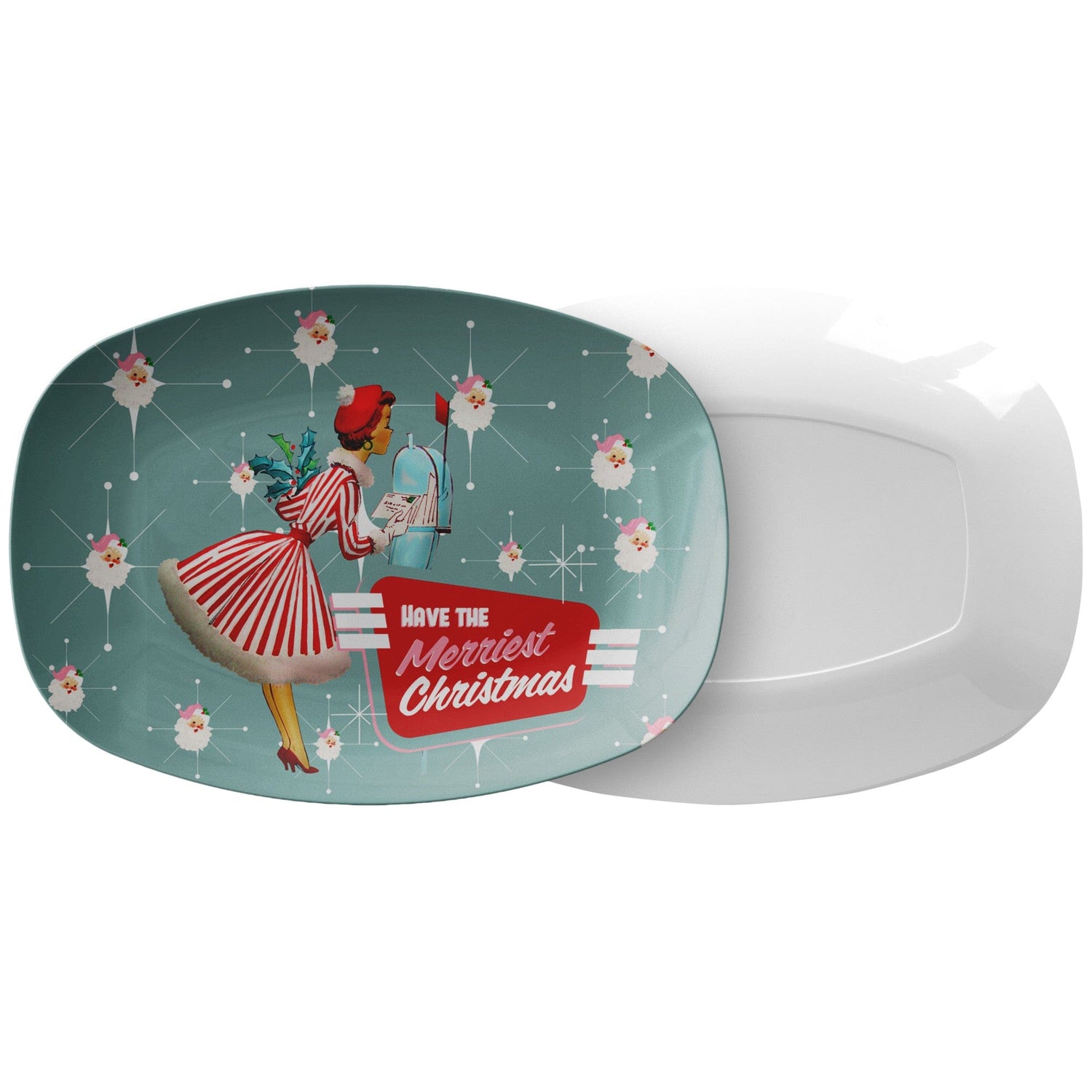 Mid Century Moder Christmas Party Platter, Smiling Vintage Santa Face 50&