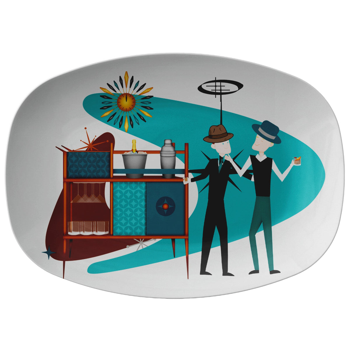 Mid Century Modern Party Platter, Gay Man Couple, Kitschy 50s Vibe, Fedora Hats, Retro Style Kitchenware default