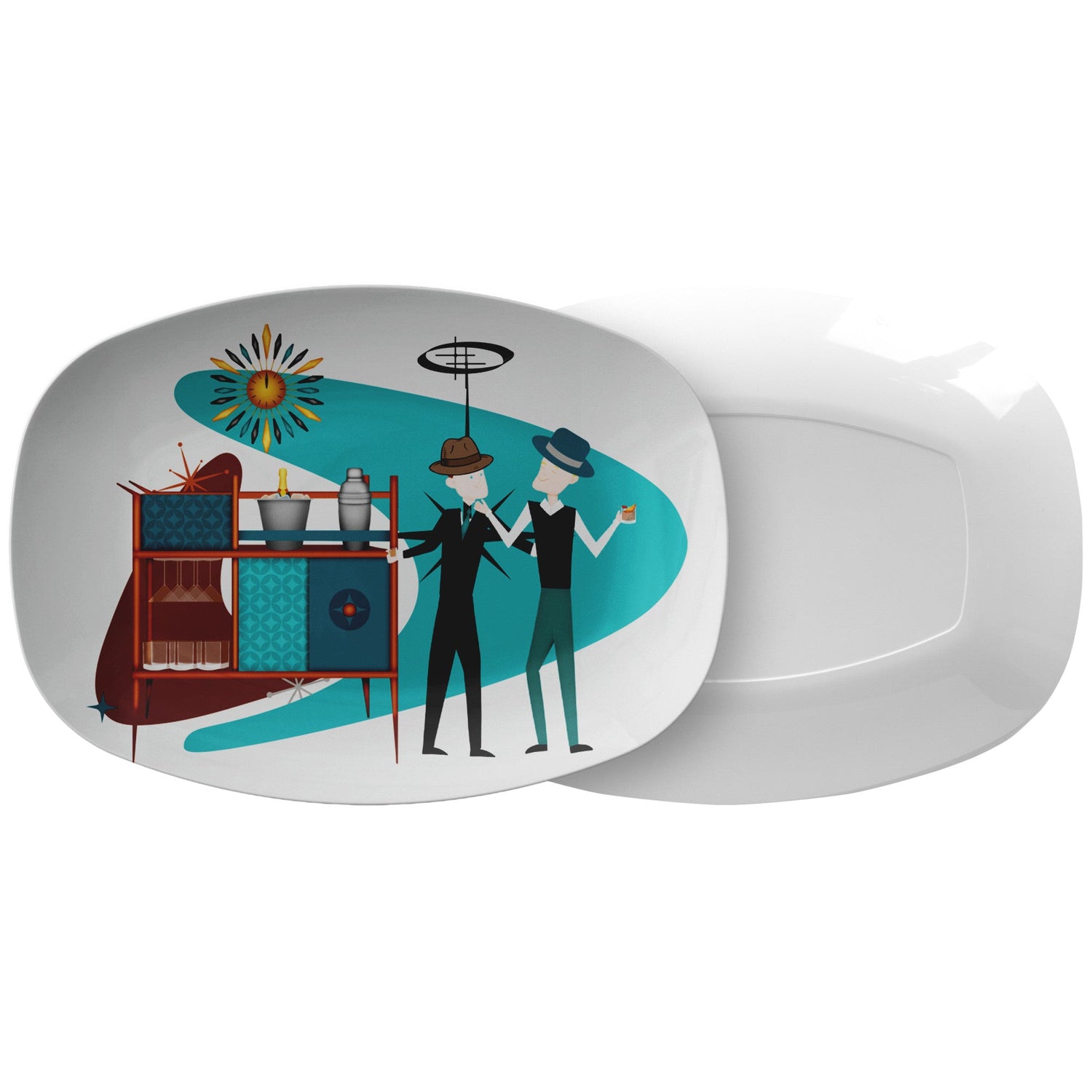 Mid Century Modern Party Platter, Gay Man Couple, Kitschy 50s Vibe, Fedora Hats, Retro Style Kitchenware default