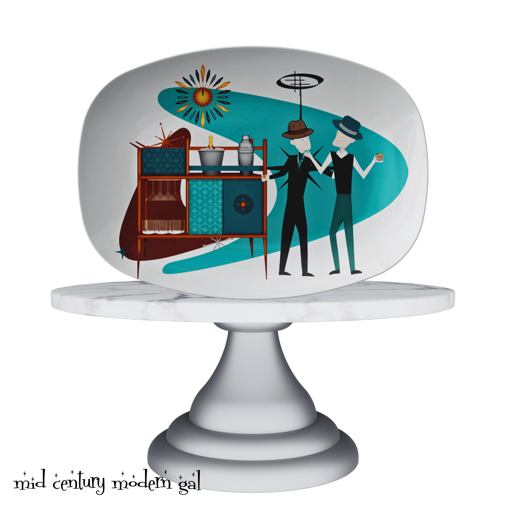Mid Century Modern Party Platter, Gay Man Couple, Kitschy 50s Vibe, Fedora Hats, Retro Style Kitchenware default