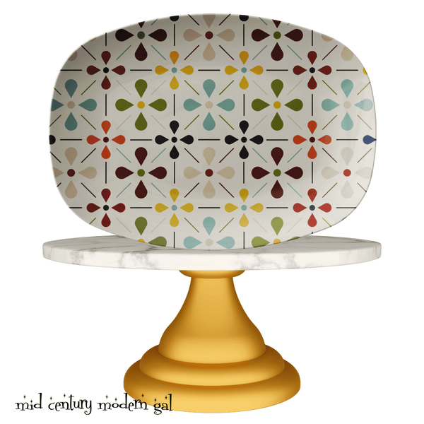 Mid Century Modern Party Platter, Scandinavian Flower, Green, Brown, Beige, Yellow, Teal Floral, Mid Century Modern, MCM