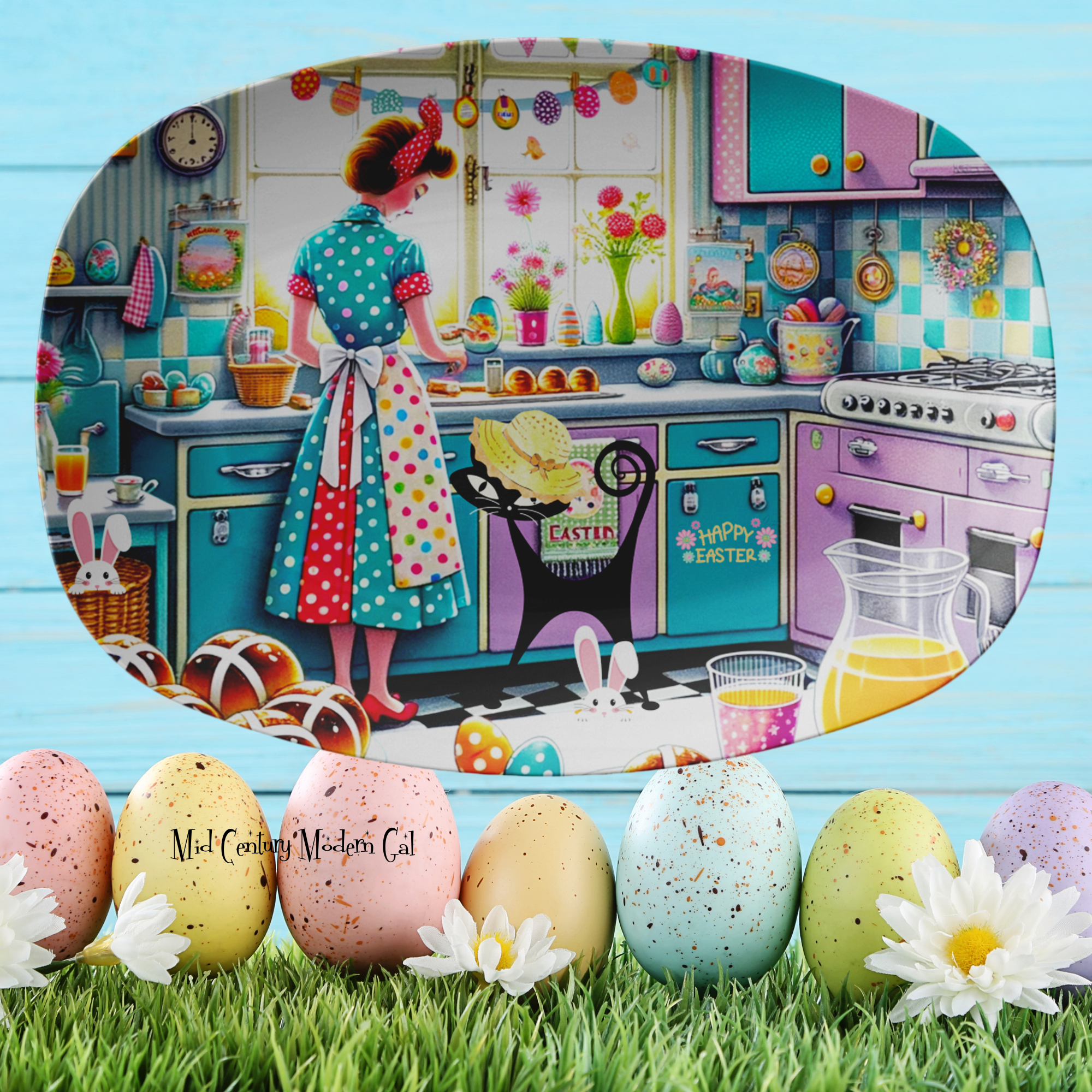 Vintage Easter Party Platter, Kitschy 50s Design, Atomic Kitty, Kitschy, Quirky, Easter Table Decor Kitchenware default