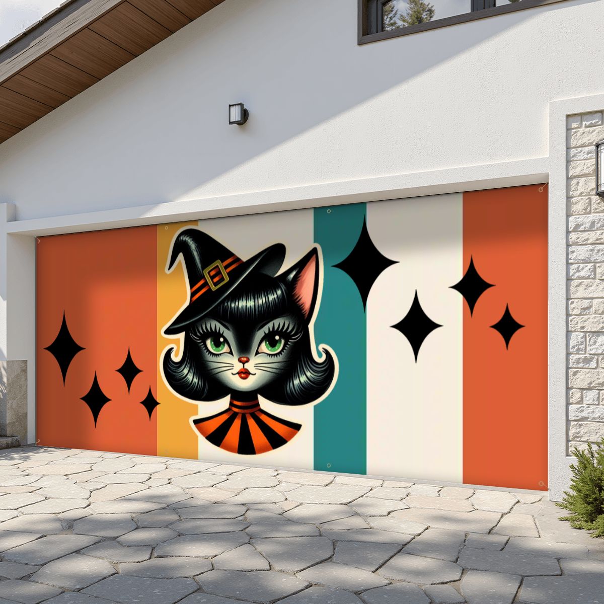 Kitschy Atomic Sexton Cat Halloween, Fall Party Backdrop, Garage Door Banner Backdrop - Mid Century Modern Gal