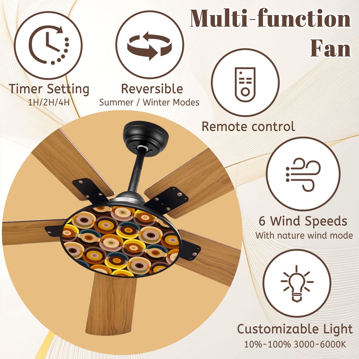Mid Century Modern Retro 70s Groovy Orbs Brown, Yellow, Beige MCM Ceiling Fan With Light - Mid Century Modern Gal