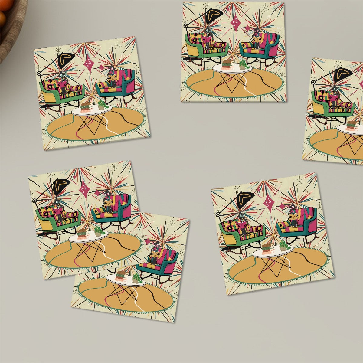 Atomic Reading Cats, Kitschy Mid Century Modern Square Ceramic Coasters 6 pcs - Mid Century Modern Gal