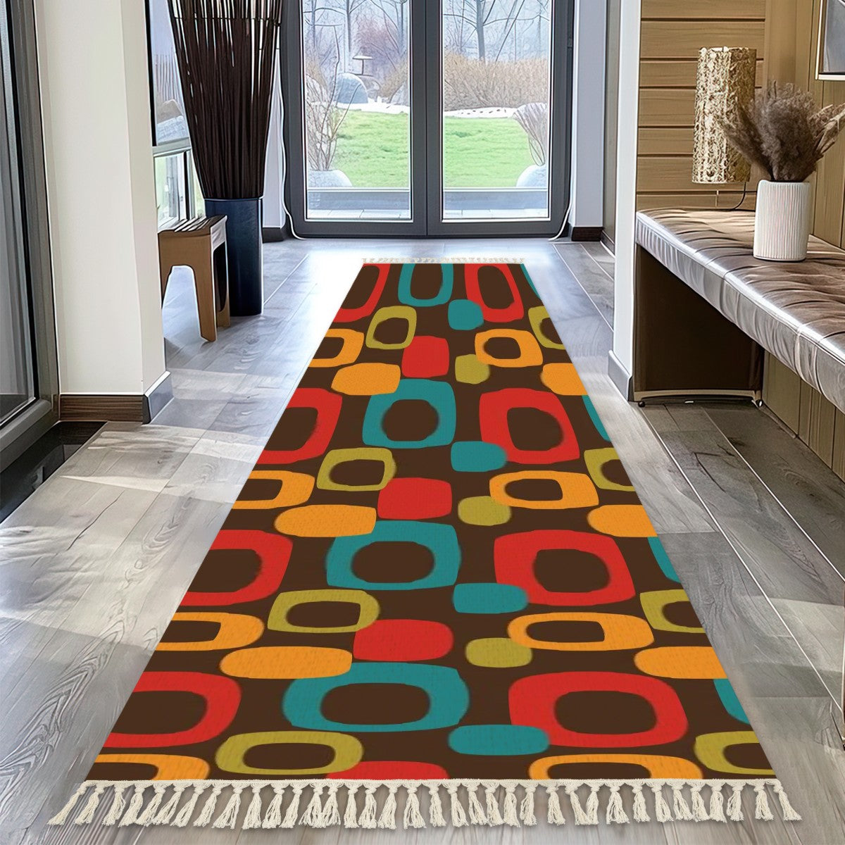 Mid Century Modern Chocolate Brown, Groovy Mod Runner Rug with Tassels - Mid Century Modern Gal