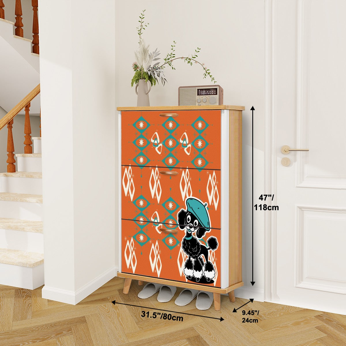 Atomic Orange Starburst Diamonds, Teal Mid Century Modern Kitschy Mod Poodle Shoe Storage Cabinet - Mid Century Modern Gal
