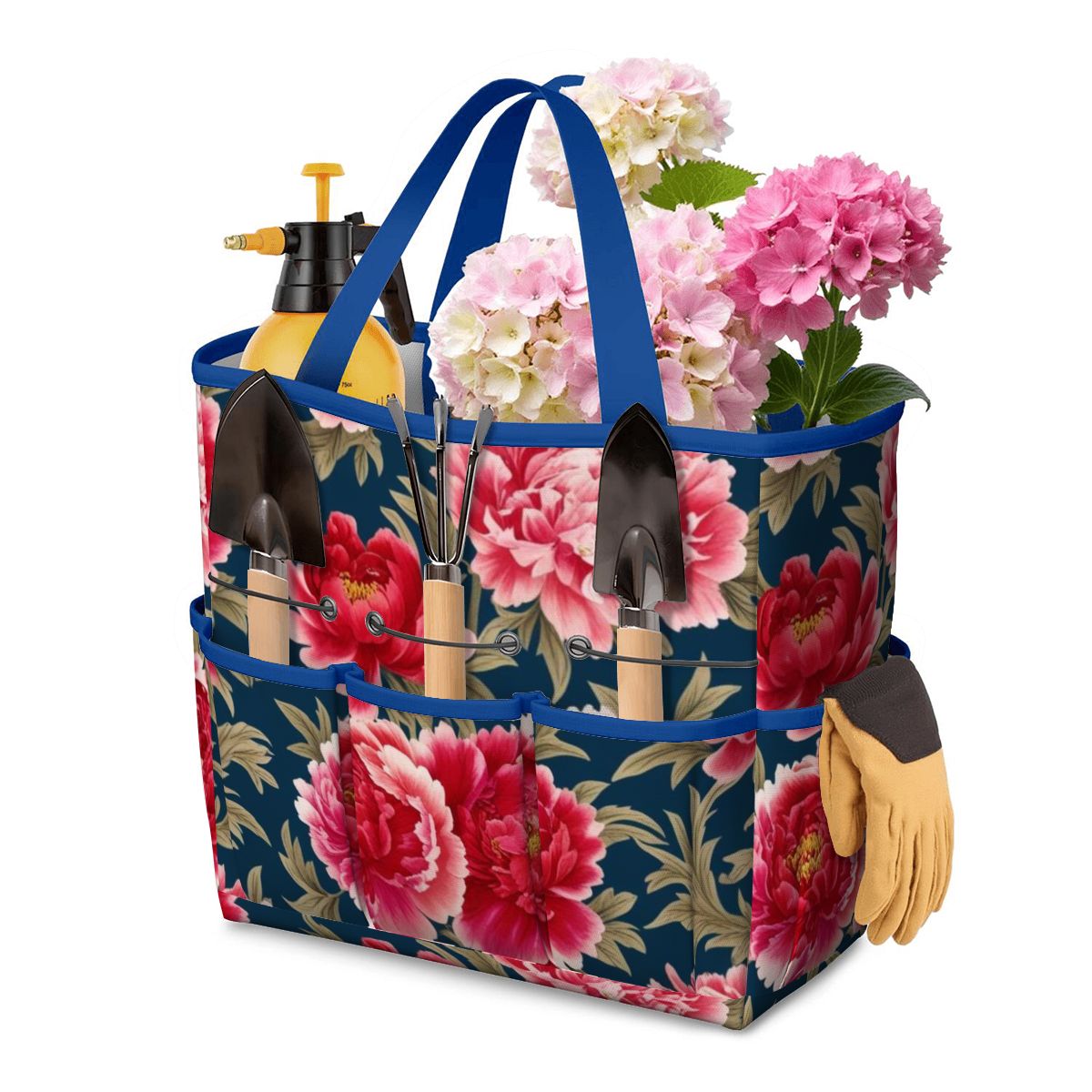 Modern Chinoiserie Royal Blue, Pink Red Floral Garden Tool Bag - Mid Century Modern Gal