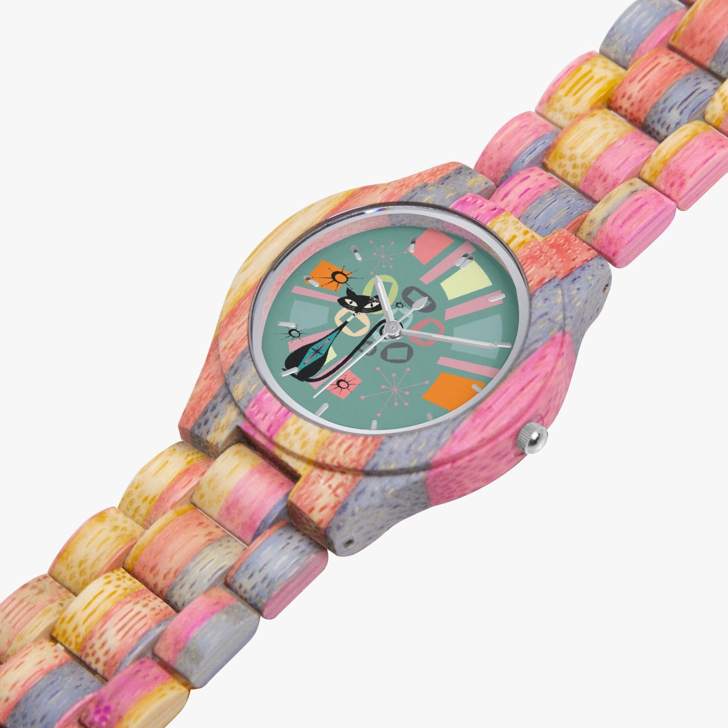 Atomic Cat, Kitschy Kitty Bamboo Watch Time Piece, Unique Colorful Mod Watch - Mid Century Modern Gal