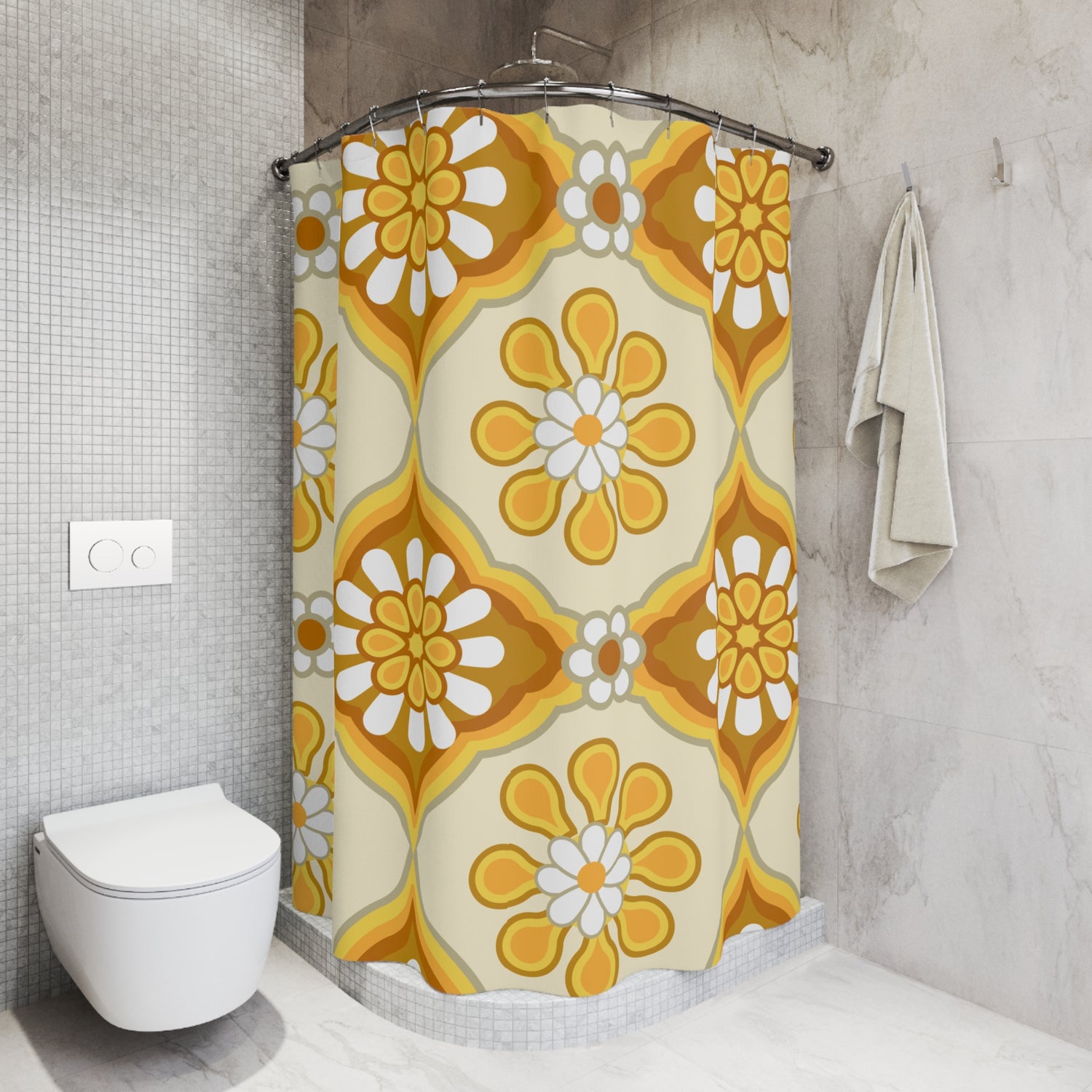 70s Flower Power Groovy Retro Bold Floral, Golden Yellow, Brown  MCM Shower Curtain - Mid Century Modern Gal
