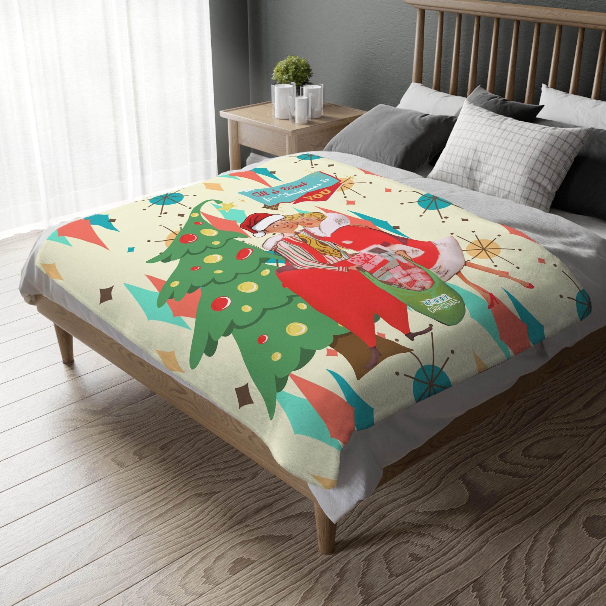 Retro Christmas Plush Blanket, Cozy Holiday Throw Blanket, Festive Decoration, Gift for Him and Her, Perfect for Winter Snuggles - Mid Century Modern Gal