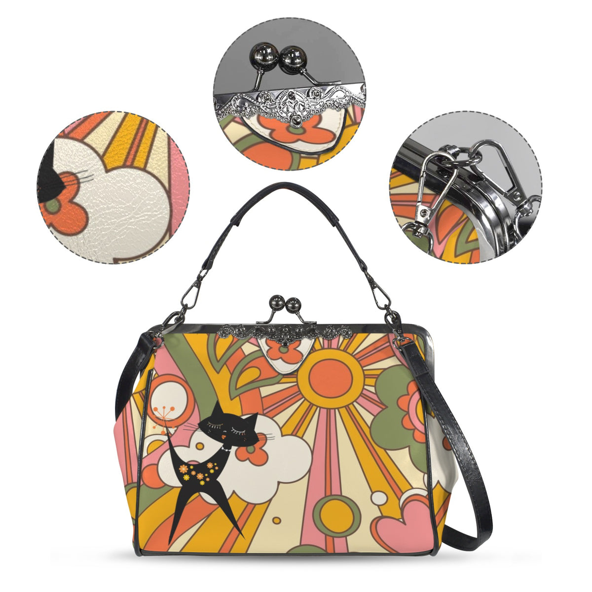 Retro Groovy 70s Sunshine Mid Mod Hippie Vibes and Atomic Cat Kisslock Crossbody Purse - Mid Century Modern Gal