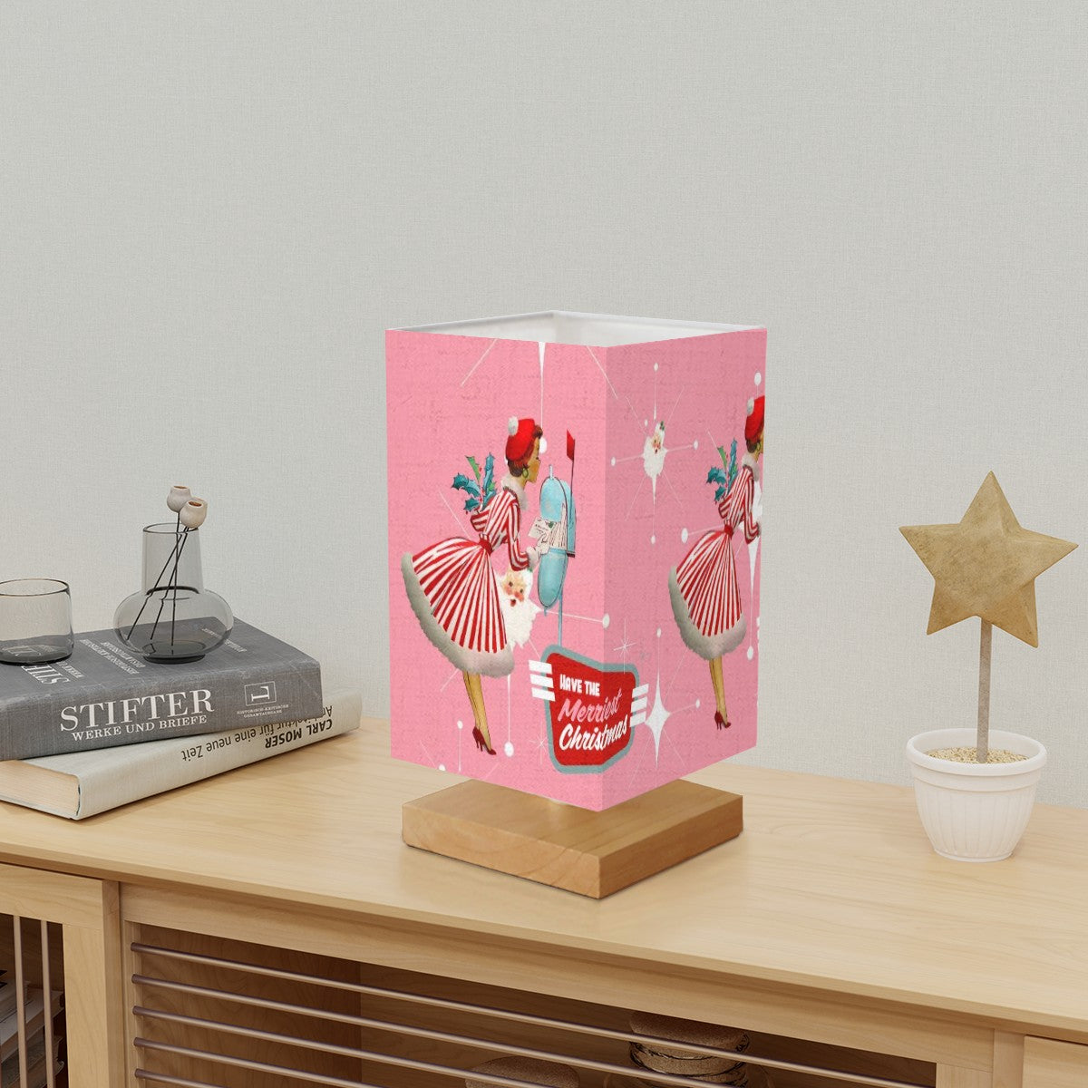 50s Holiday Kitsch Mid Century Modern Christmas Pink Mod Gal Square Table Lamp - Mid Century Modern Gal