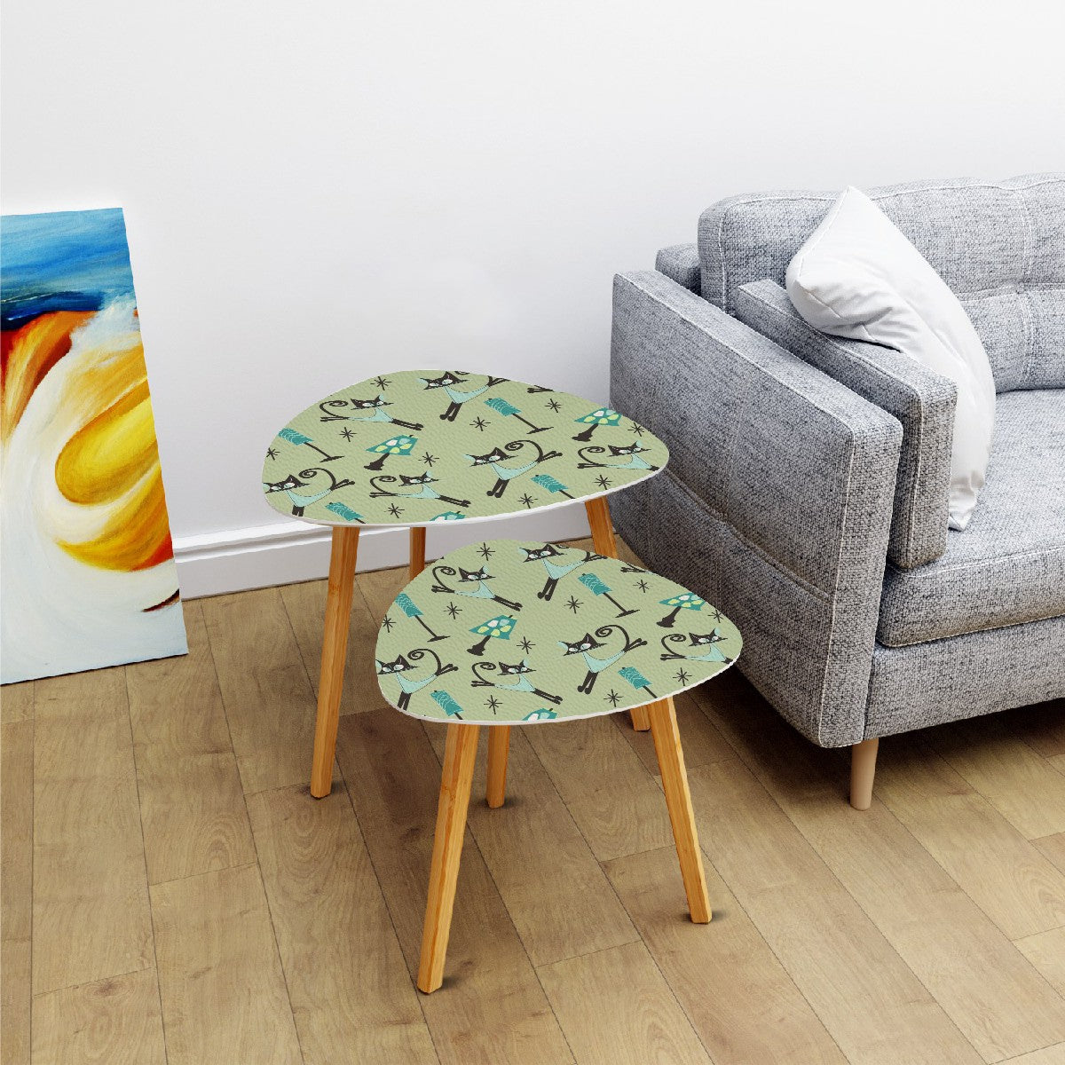 Atomic Cat Kitschy Mod Set Of Two Nesting Tables With Bamboo Legs - Mid Century Modern Gal