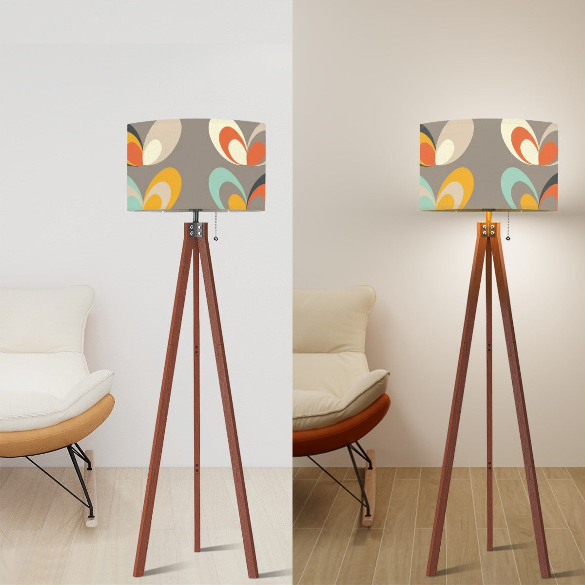 Mid Century Modern Scandinavian Designed Wood Tripod Lamp, Linen Shade - Mid Century Modern Gal