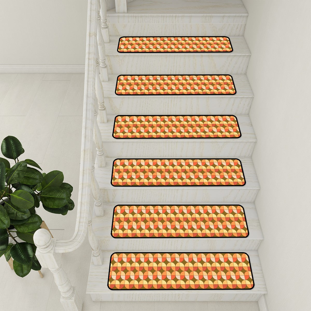 Scandinavian Designed Geometric Orange Brown Golden Yellow Non Slip Carpet for Stairs Treads - Mid Century Modern Gal