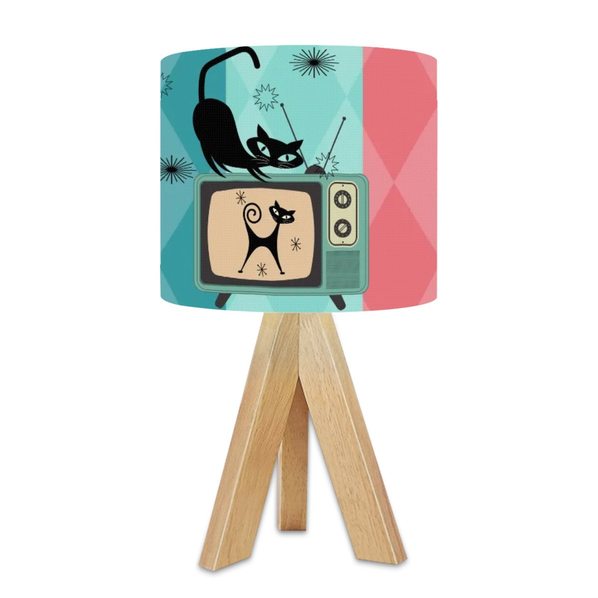 Atomic Cat Kitschy Wooden Tripod Table Lamp - Mid Century Modern Gal