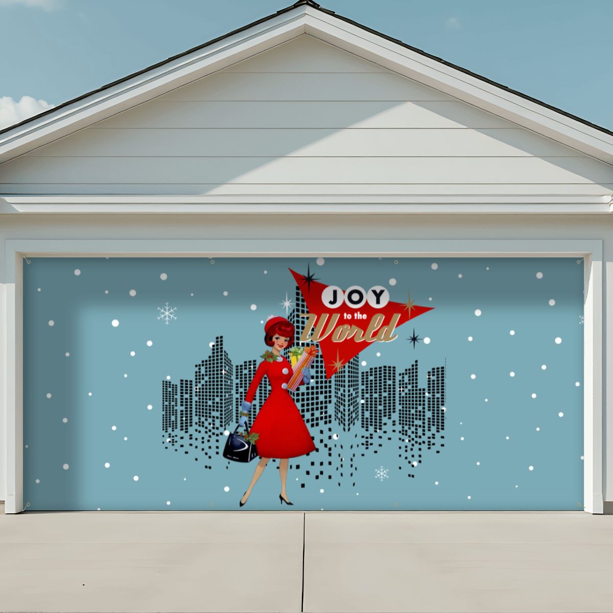Mid Century Modern Christmas, Mod Gal, Joy To The World City Scape Garage Door Banner Backdrop - Mid Century Modern Gal