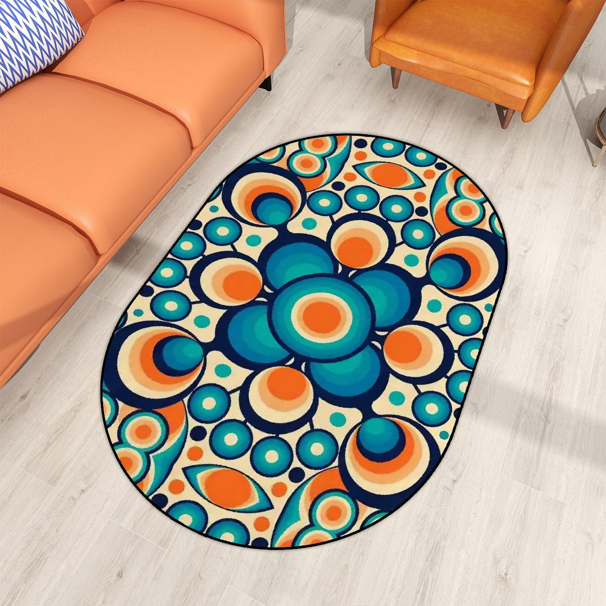 Retro Groovy Space Orbs, Orange Blue MCM Oval Rug Mat - Mid Century Modern Gal