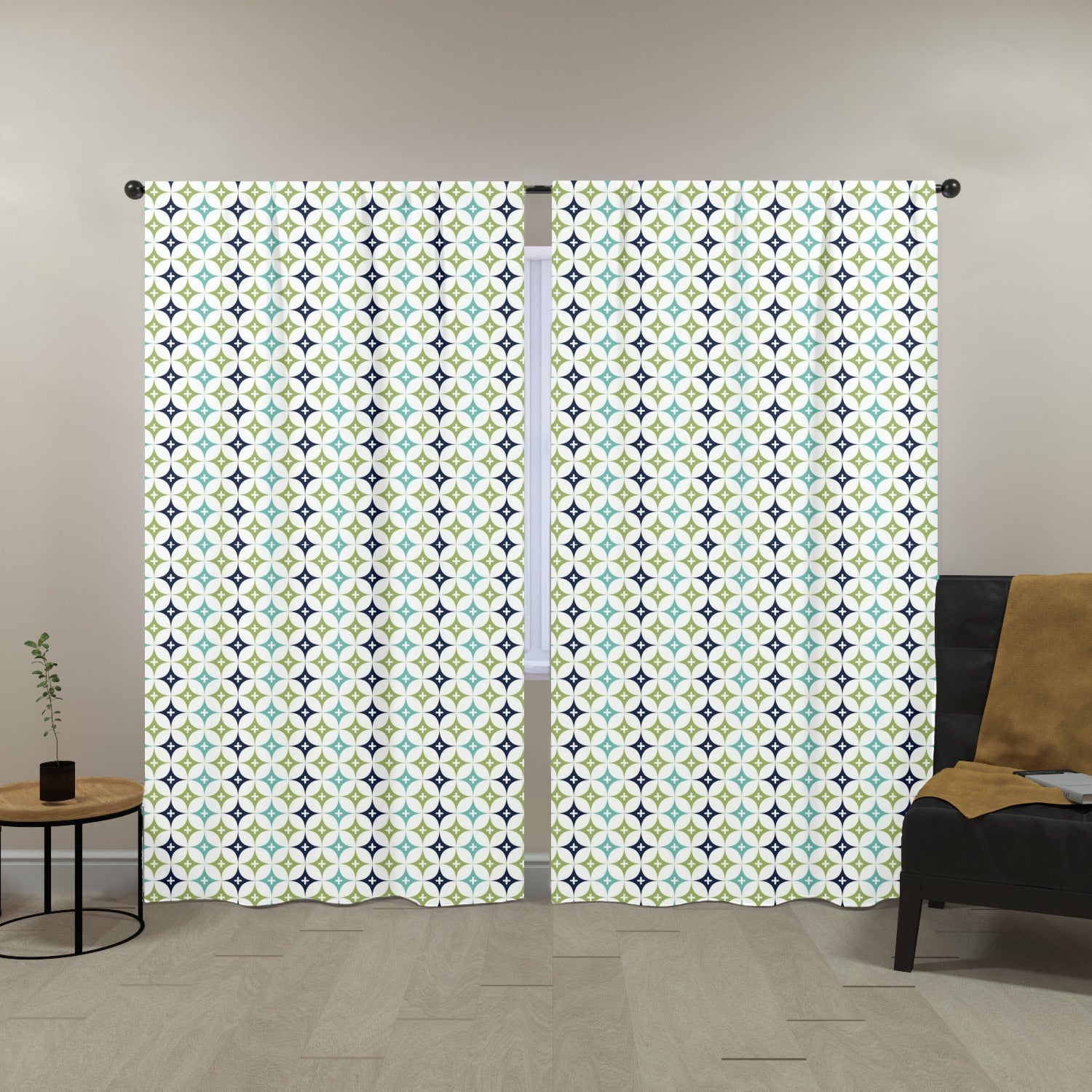 Blue Green, Aqua Diamond Starburst Retro Mid Century Modern Opaque Window Curtains - Mid Century Modern Gal