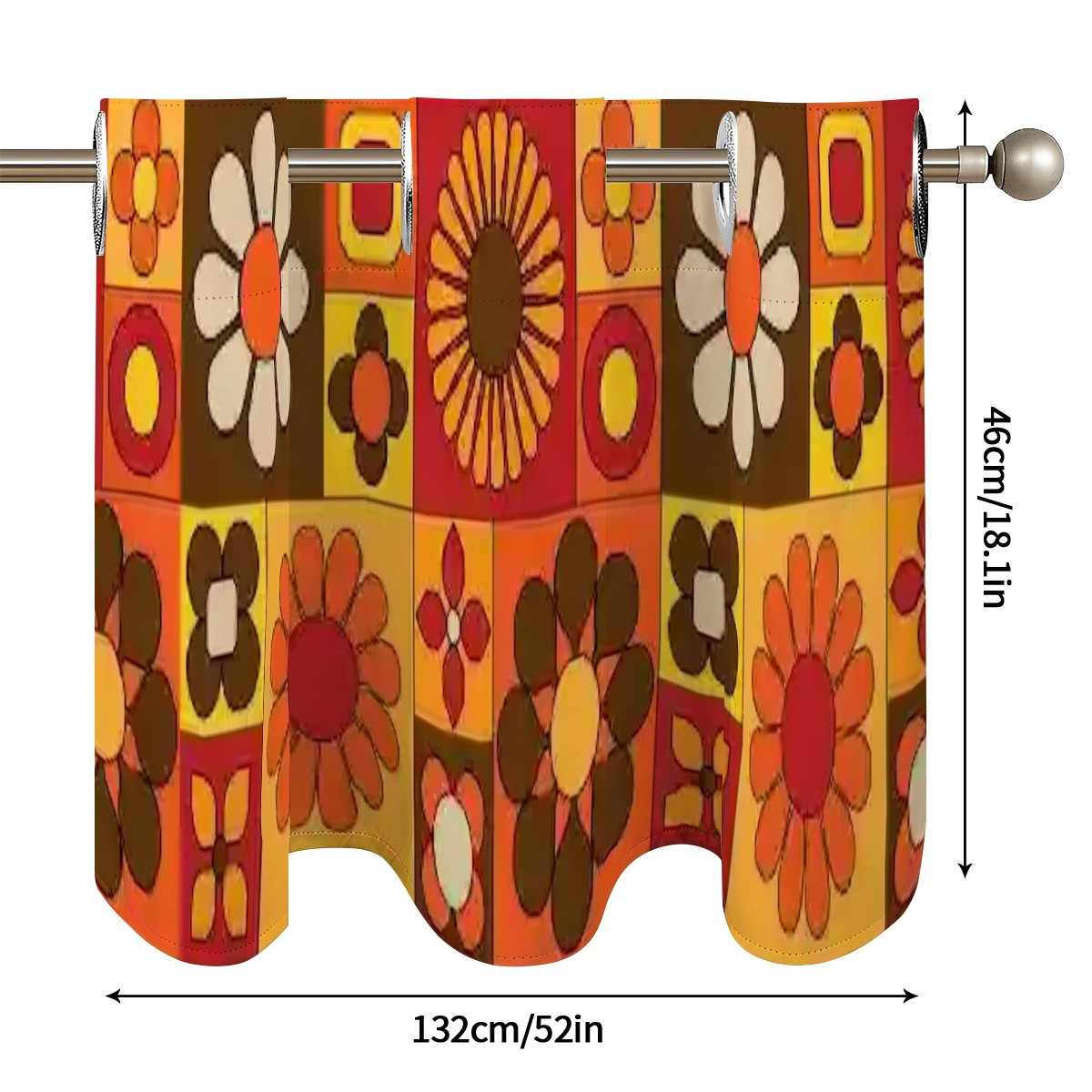 Retro Mid Mod 70s Flower Power Orange, Brown Yellow Retro Kitchen Valance Curtains - Mid Century Modern Gal