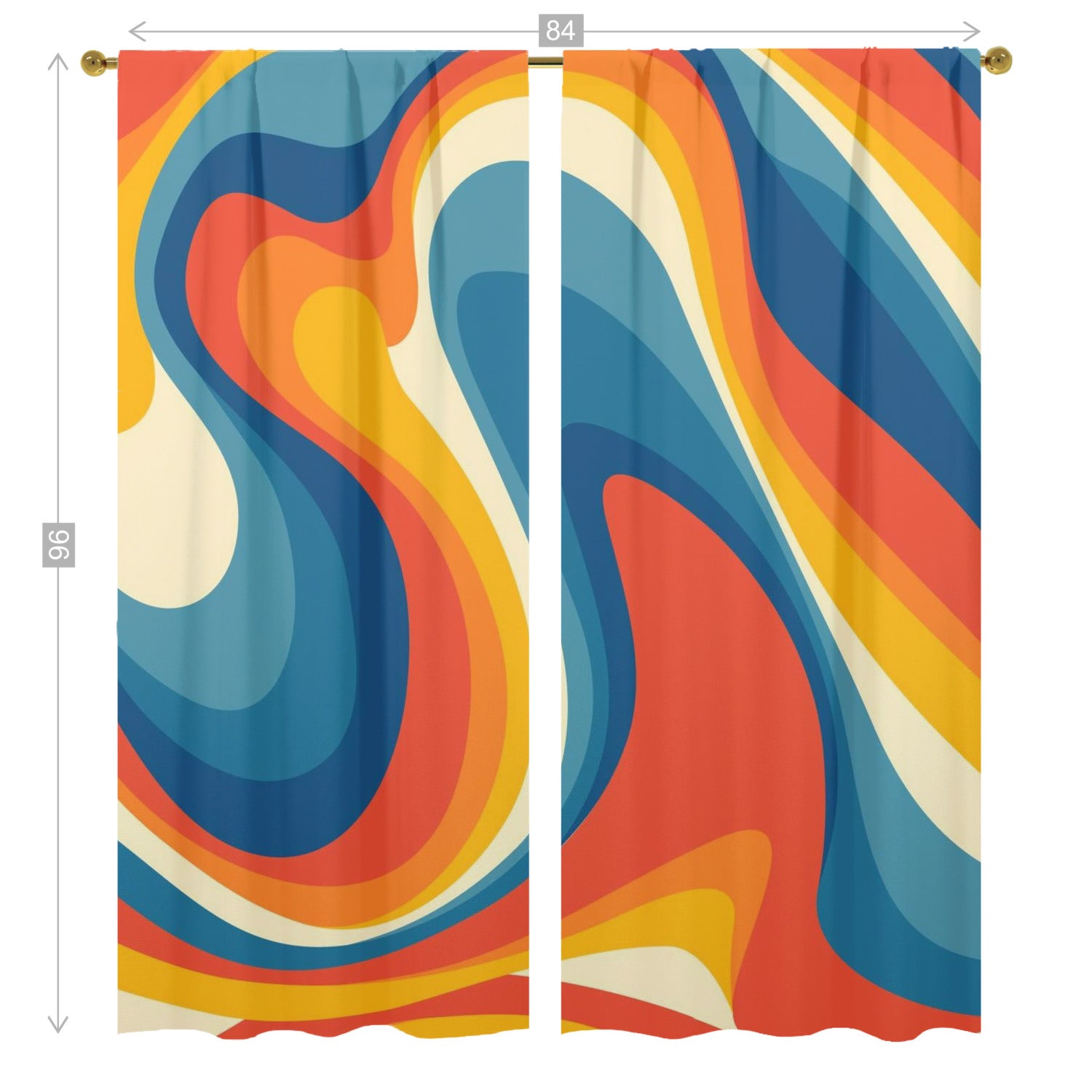 70s Retro Groovy Wave Mid Mod Yellow, Orange, Blue, Cream MCM Window Curtains (two panels) - Mid Century Modern Gal