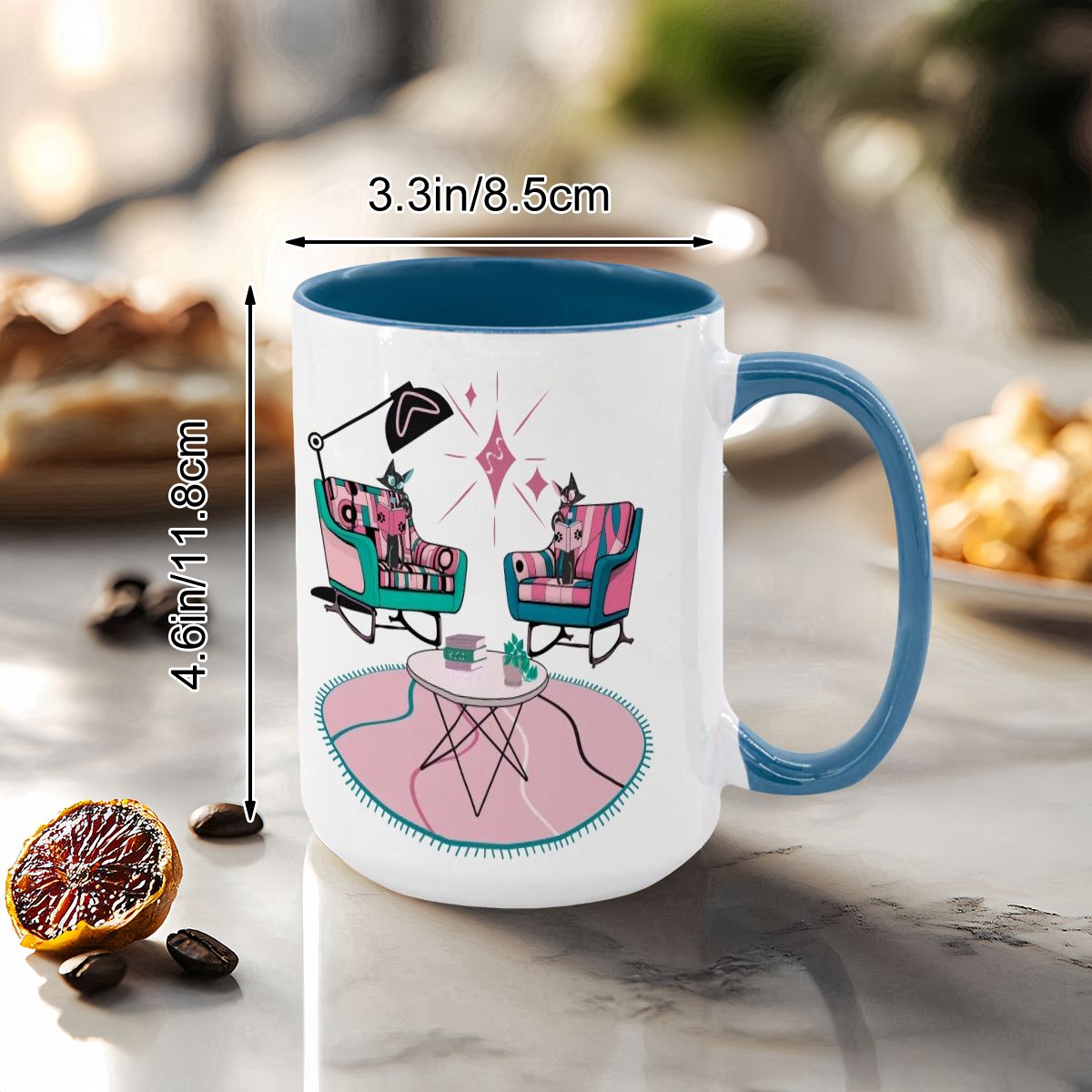 Atomic Reading Cats, Kitschy Mid Century Modern Large Colorful Mug (15oz)