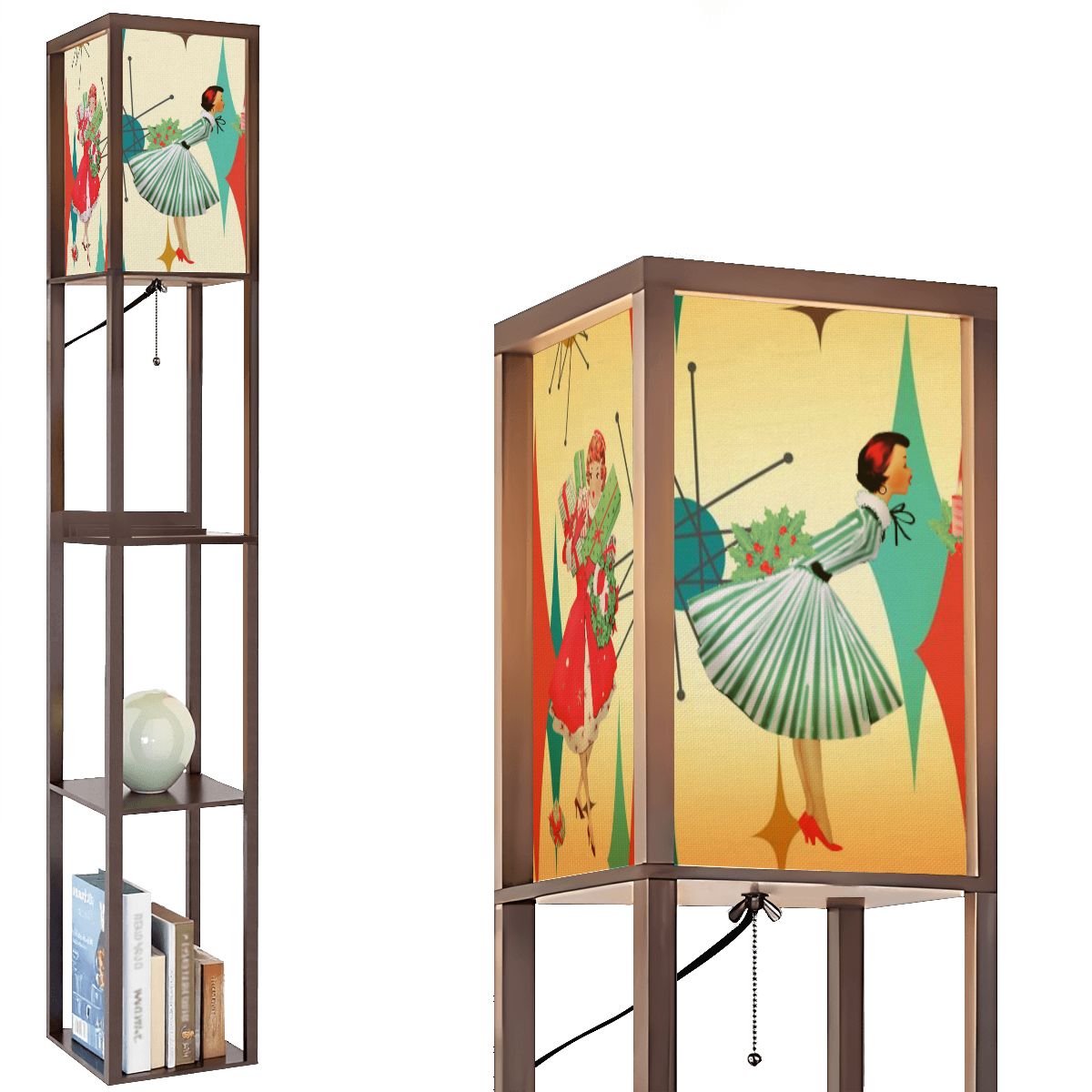Mid Century Modern Christmas Lampshade for Floor Lamp with Shelves, Atomic Francisan Pattern And Kitschy Christmas Gals - Mid Century Modern Gal