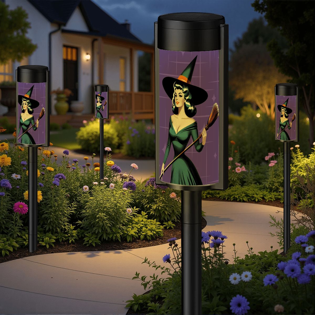 Mid Century Modern Vintage Pin Up Witch Halloween Purple Teal Outdoor Solar Lights - Mid Century Modern Gal