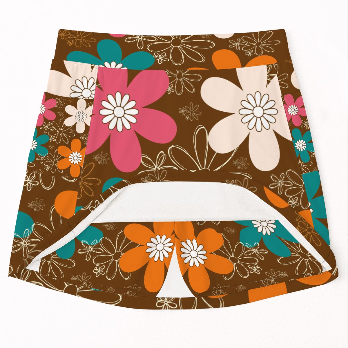Retro Mod 70s Brown, Orange Teal, Pink Groovy Women's Tennis Skort with Pockets - Mid Century Modern Gal