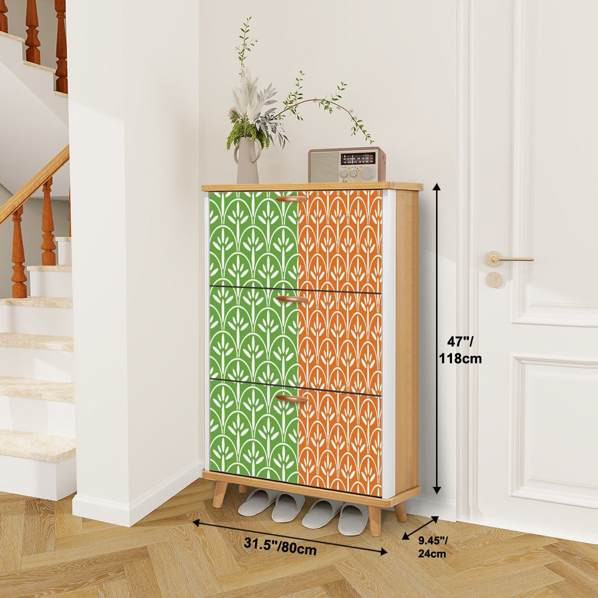 Art Deco Modern Shoe Storage Cabinet | Green Grass And Tangerine Orange Stylish & Functional Entryway Organizer - Mid Century Modern Gal