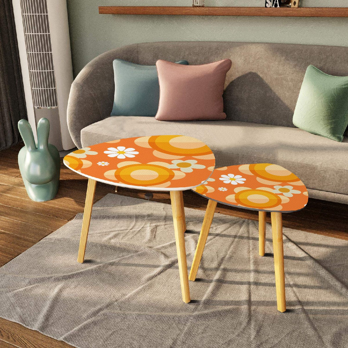Retro 70s Flower Power Nesting Tables, Orange, Mod Daisy Triangle Coffee Table Set of 2 - Mid Century Modern Gal