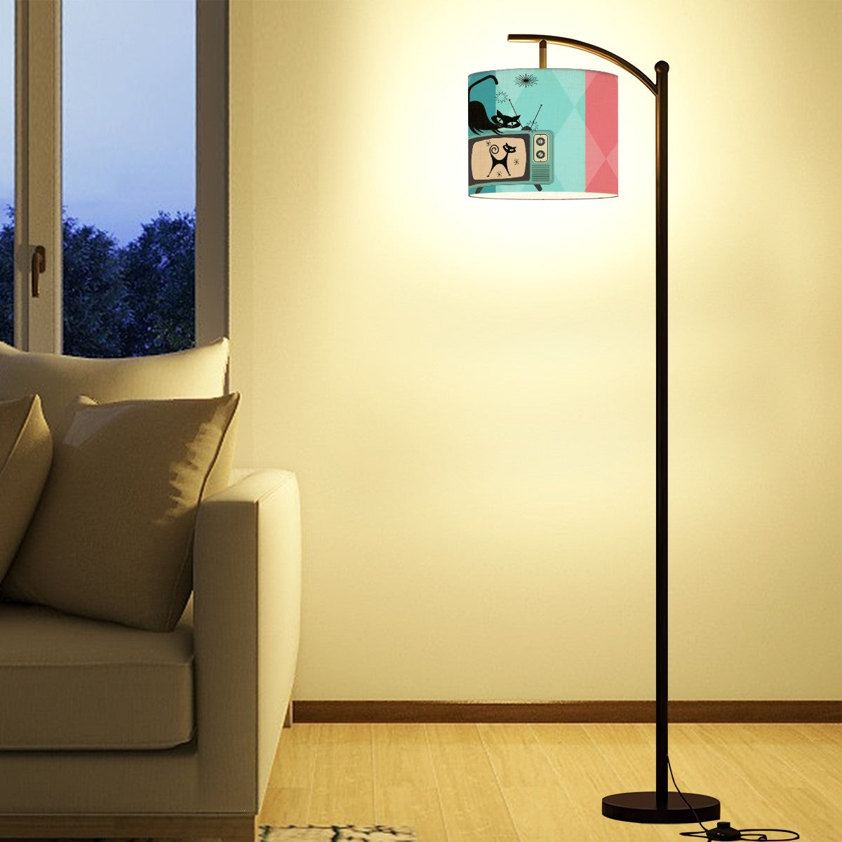 Atomic Cat Mid Century Modern Floor Lamp, Kitsch Pink, Aqua Teal Mod Arc Lighting - Mid Century Modern Gal