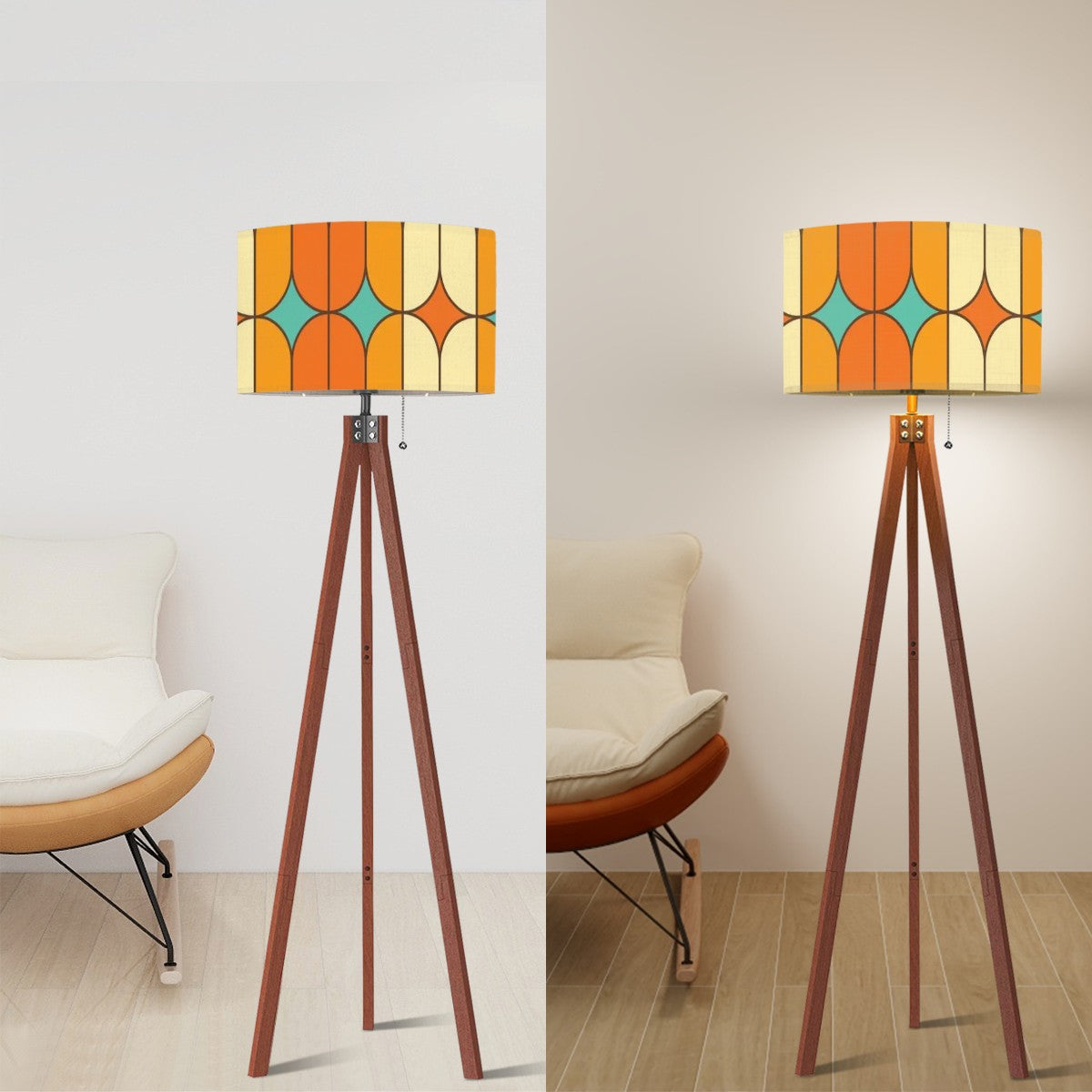 Mid Century Modern Tripod Floor Lamp, Orange, Teal Geometric Mod Designed - Mid Century Modern Gal