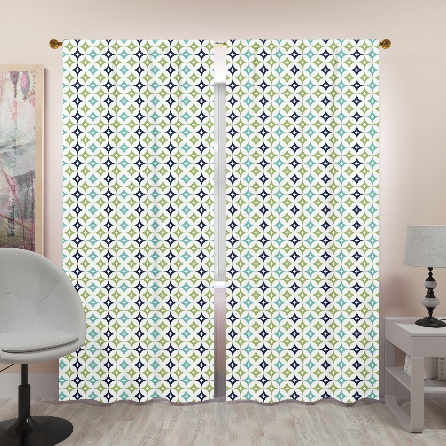 Blue Green, Aqua Diamond Starburst Retro Mid Century Modern Opaque Window Curtains - Mid Century Modern Gal