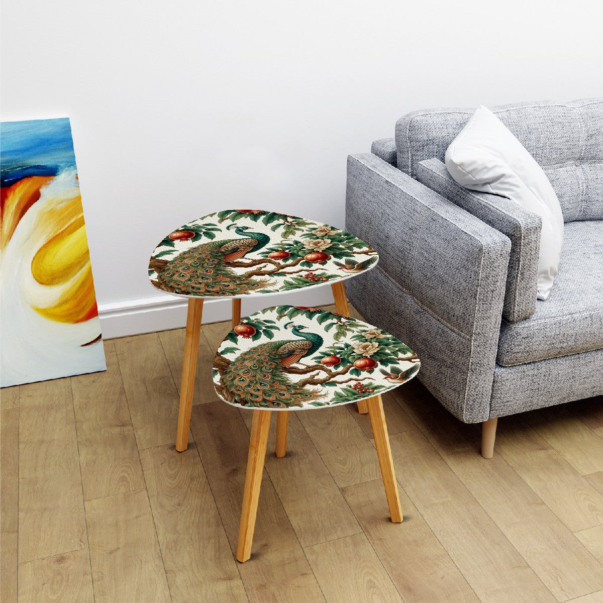 Chinoiserie Floral Peacock, Pomegranate Elegant Nesting Tables - Mid Century Modern Gal