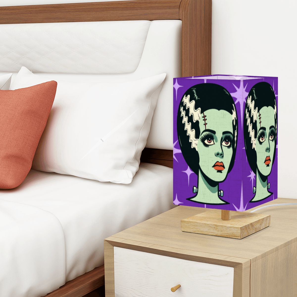 Bride of Frankenstein Retro Mid Mod Horror Buff Purple Halloween Square Table Lamp - Mid Century Modern Gal