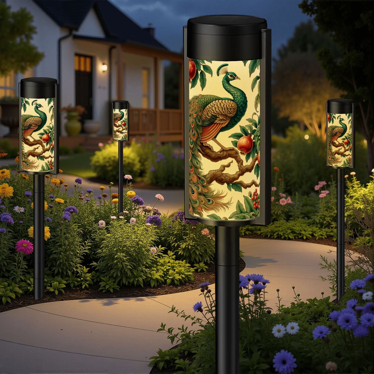 Modern Chinoserie Peacock Asian Zen Garden Outdoor Solar Lights - Mid Century Modern Gal