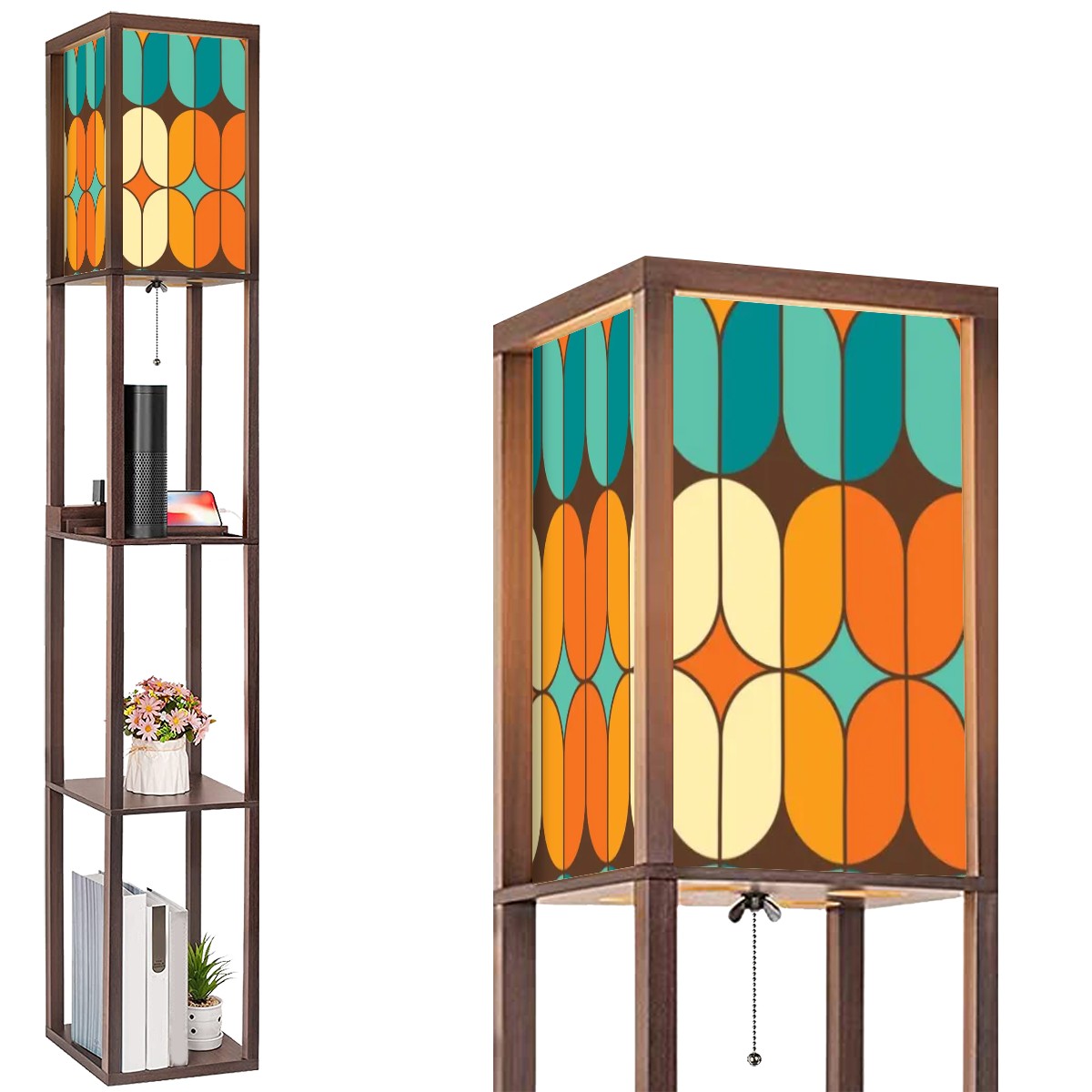 Mid Century Modern Orange Teal Geometric Pattern Floor Lamp with Shelves - Mid Century Modern Gal