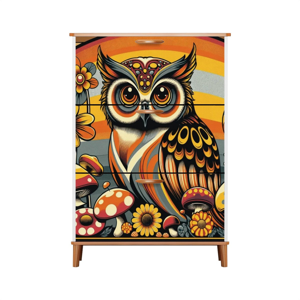 1970s Owl Decor, Mushroom And Floral, Groovy Mid Mod Shoe Storage Cabinet - Mid Century Modern Gal