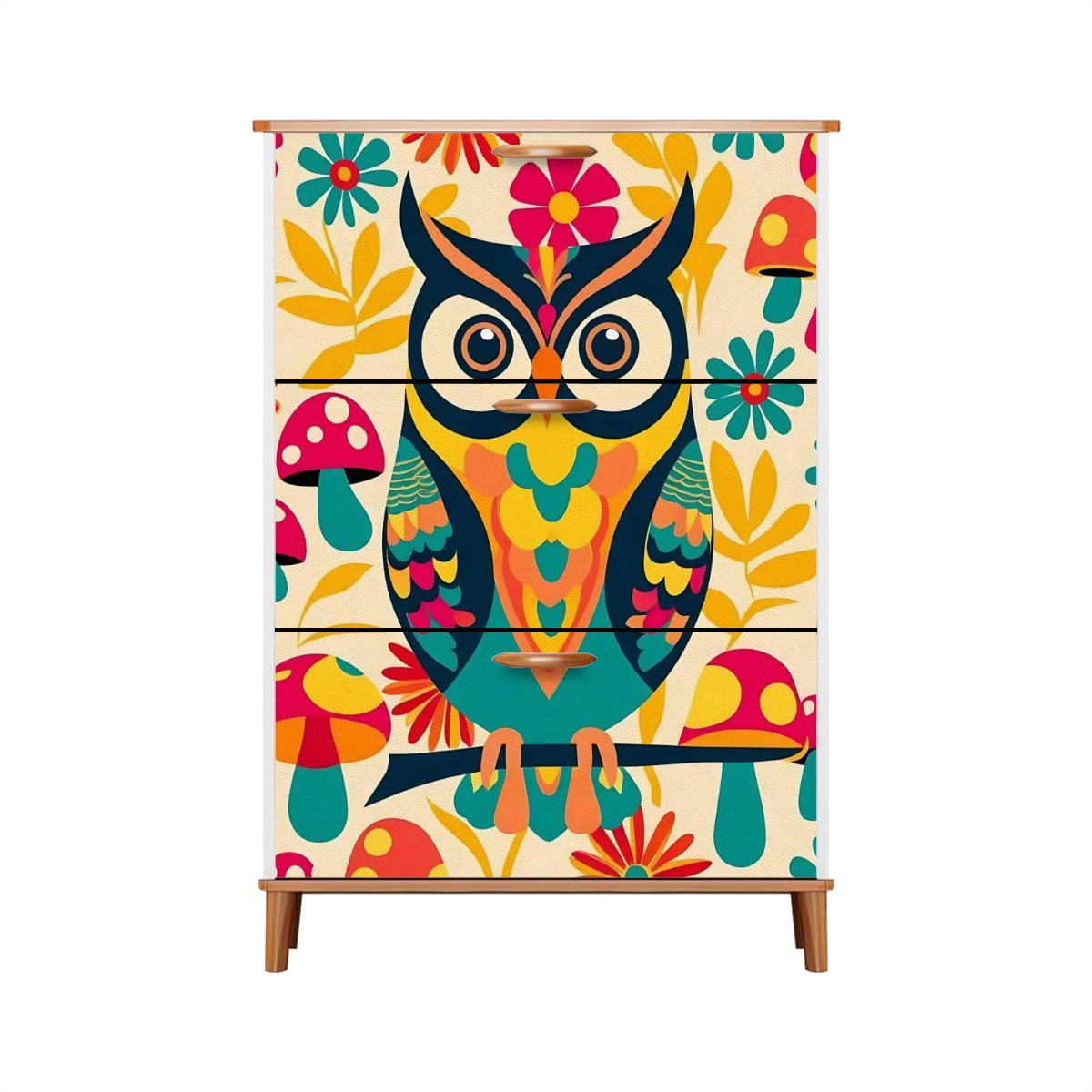 Retro 1970s Owl Mushroom Floral Mid Mod Shoe Storage Cabinet - Mid Century Modern Gal