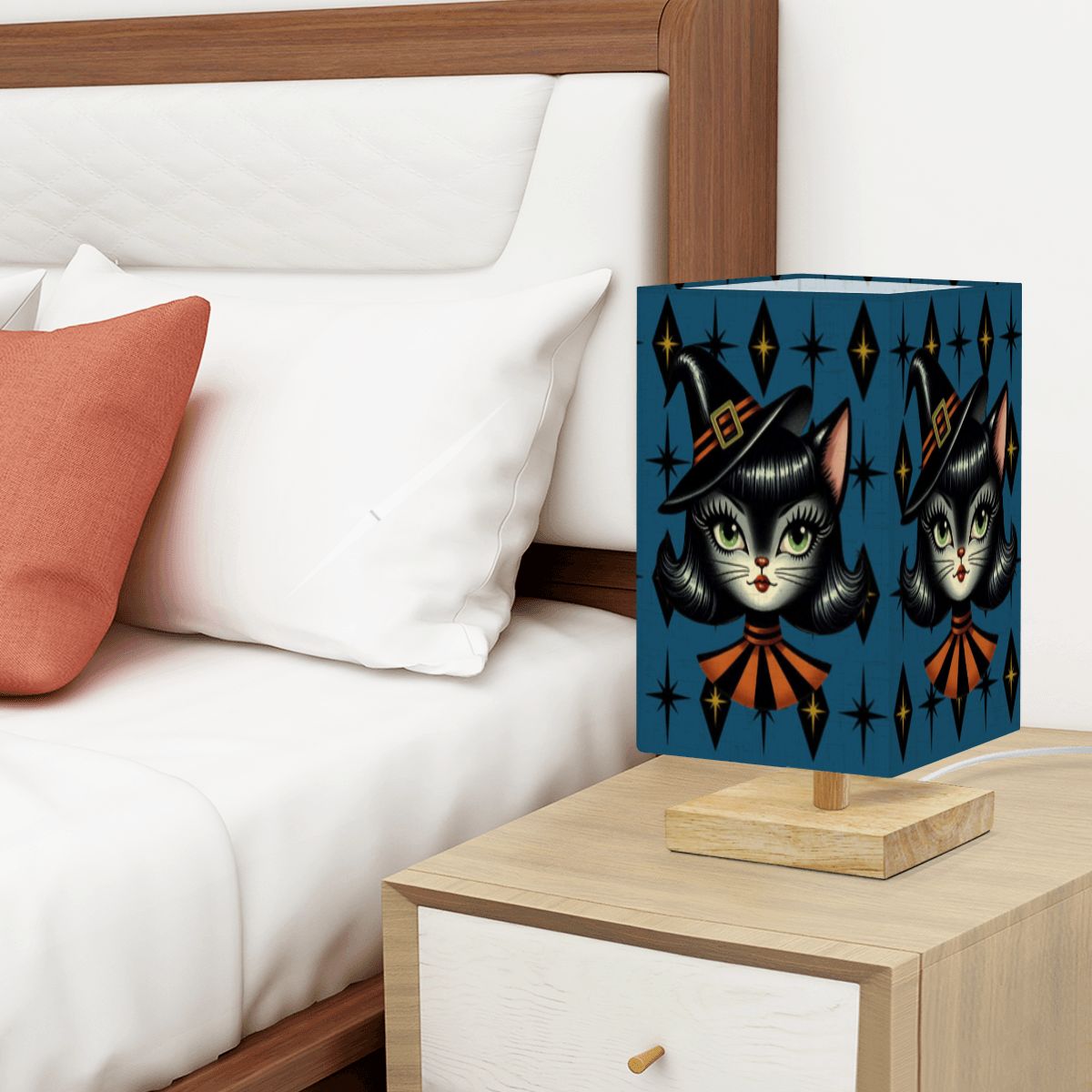 Vintage Halloween Black Cat Sexy Sexton Mid Century Modern Blue Square Table Lamp - Mid Century Modern Gal